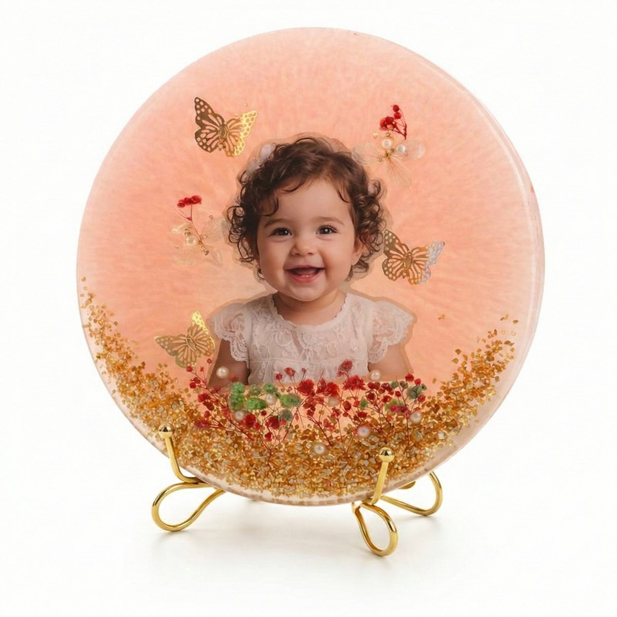 Personalized Baby Keepsake - Custom Round Resin Photo Frame with Real Preserved Flowers & Gold Flakes