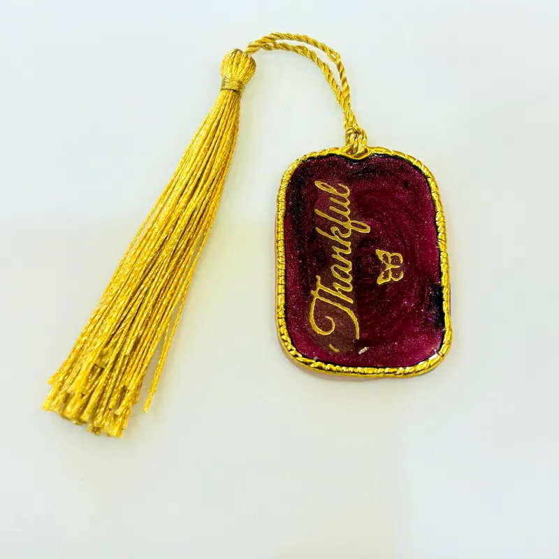 Thankful Maroon Resin Bookmark with Gold Tassel