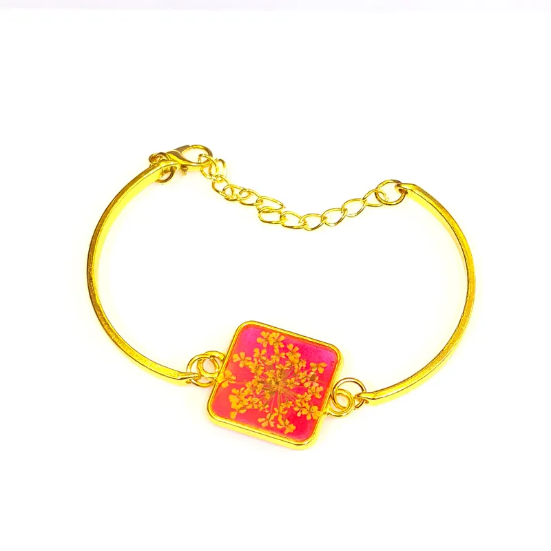 Fuchsia Meadow Real Dried Flower Square Resin Cuff Bracelet
