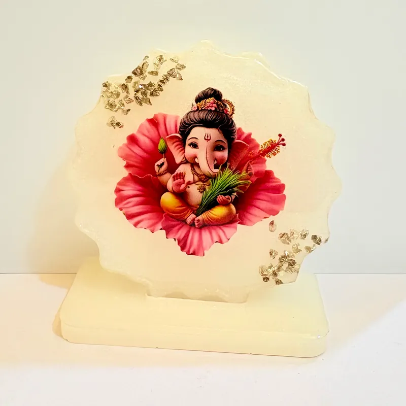 Sacred Lotus Ganesh Resin Art Desk Stand with Gold Flakes