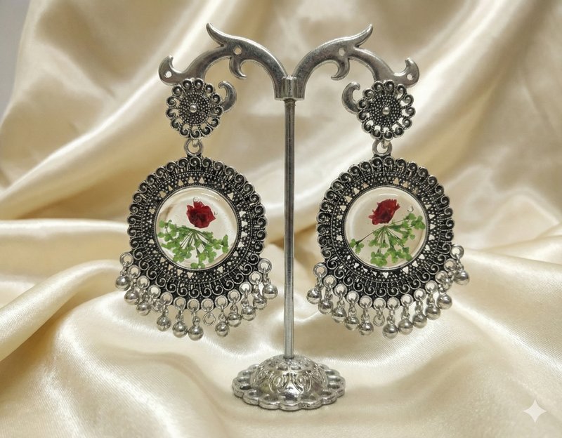 Handmade Red Rose Resin Chandbali – Silver & Red Earring - Stylish Gifts for her