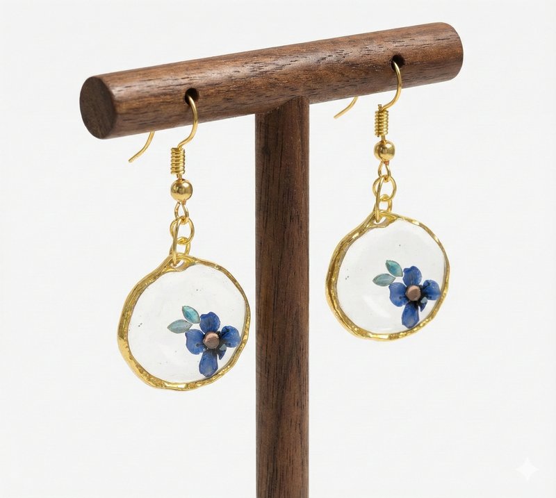 Botanical Resin Dangle Earrings with Blue Flower Motif