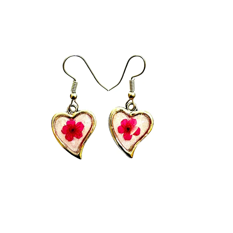 Ethereal Pressed Magenta Floral Heart Resin Earrings