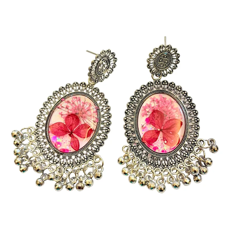 Oxidized Silver Preserved Pink Flower and Glitter Resin Earrings with Ghungroo Charms