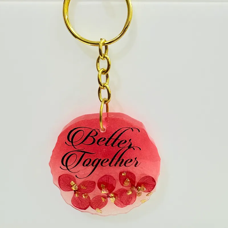 "Better Together" Pink Resin Keychain with Dried Flowers