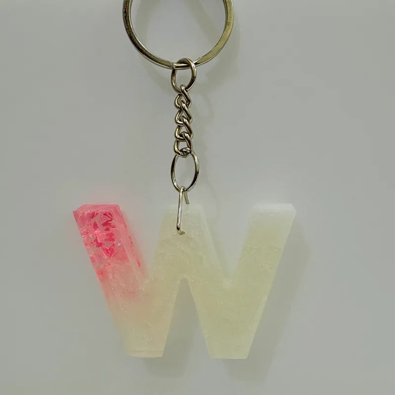 Front View - Pink and White Letter W Keychain