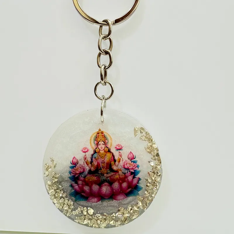 Divine Lakshmi Maa Resin Keychain with Silver Leaf Flakes