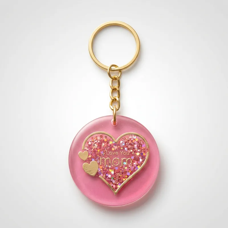 "Love You Mom" Sparkling Pink Resin Heart Keychain
