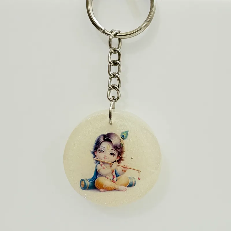 Divine Little Krishna Circular Resin Keychain
