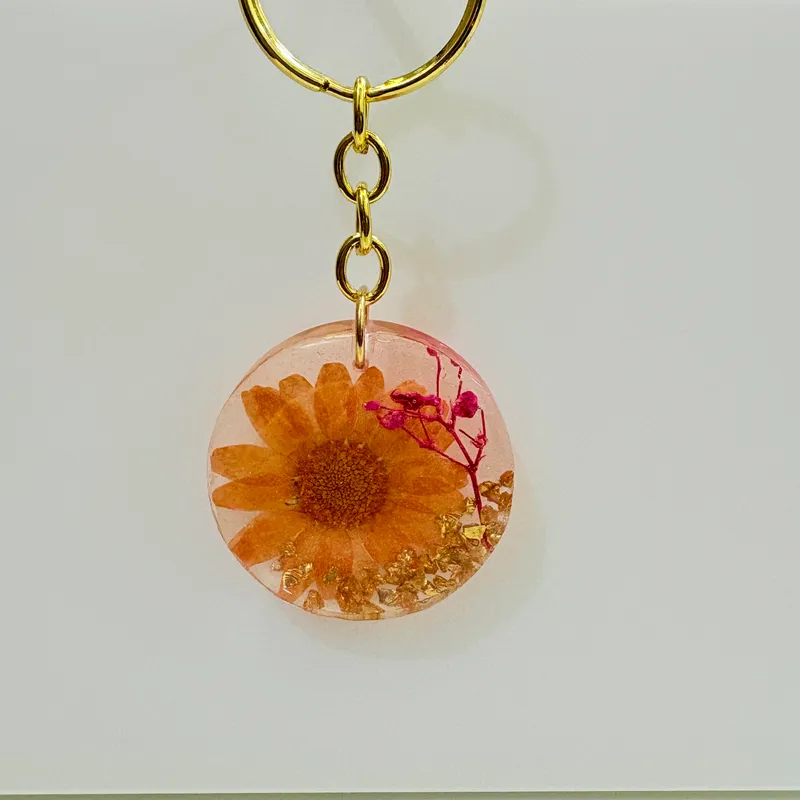 Amber Sun Daisy Floral Resin Keychain