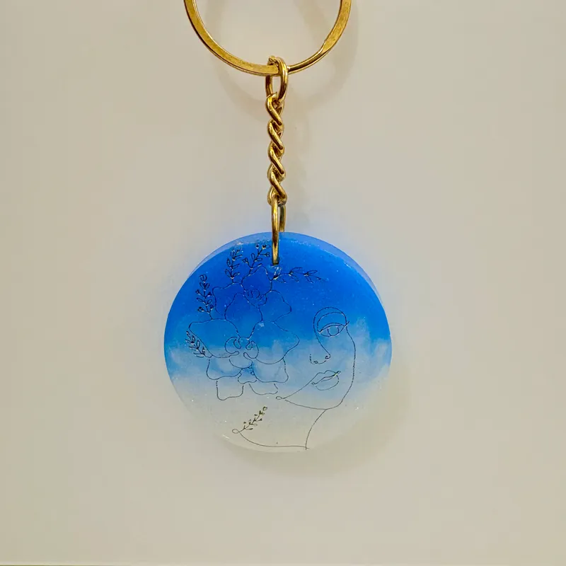 Azure Bloom One-Line Art Resin Keychain