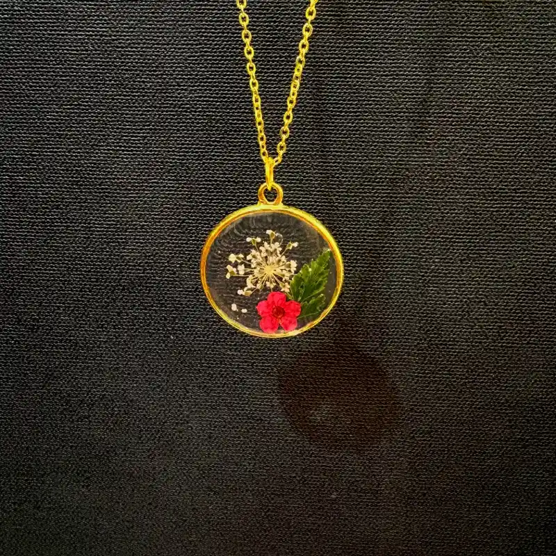 Botanical Bliss Red Flower & Dandelion Resin Necklace