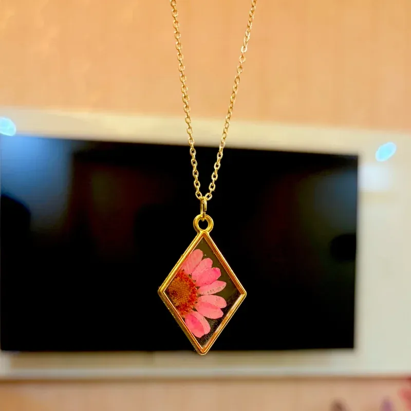 Geometric Gold & Resin Pressed Pink Flower Necklace