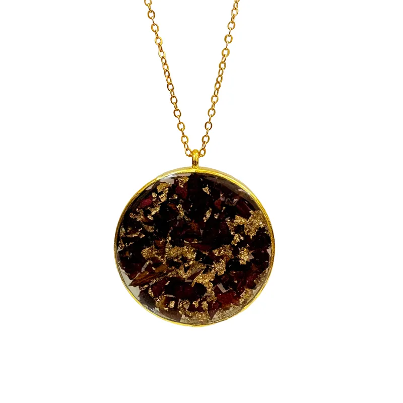Maroon Petal & Gold Leaf Round Resin Pendant Necklace