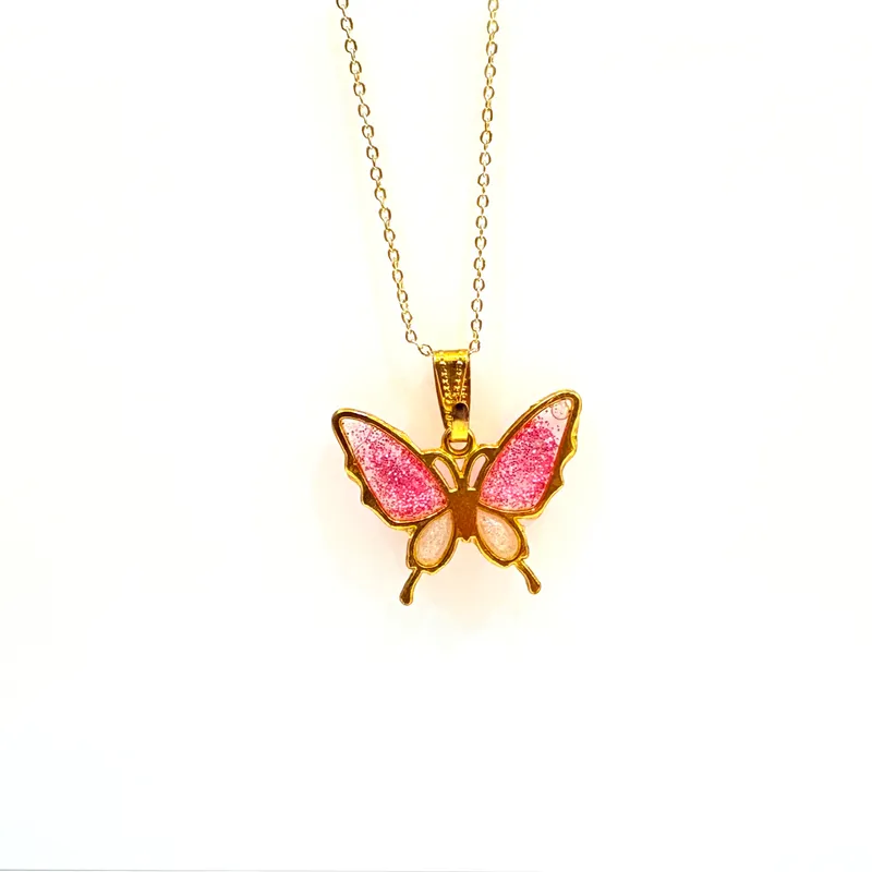 Sparkling Pink Butterfly Wings Resin Pendant Necklace