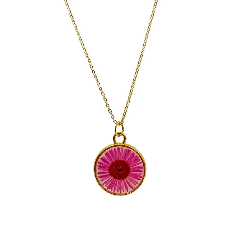Bloom in Resin: Pink Daisy Circular Pendant Necklace